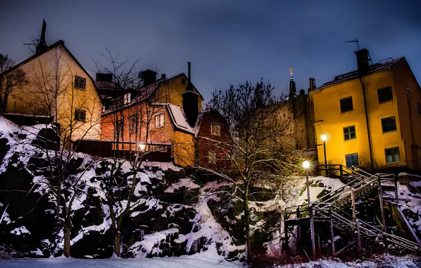 Картинка ночь, город, дома, Зима, фонари, Стокгольм