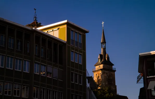 City, Autumn, Evening, Building, Stuttgart, Church, Tower, Stiftskirche