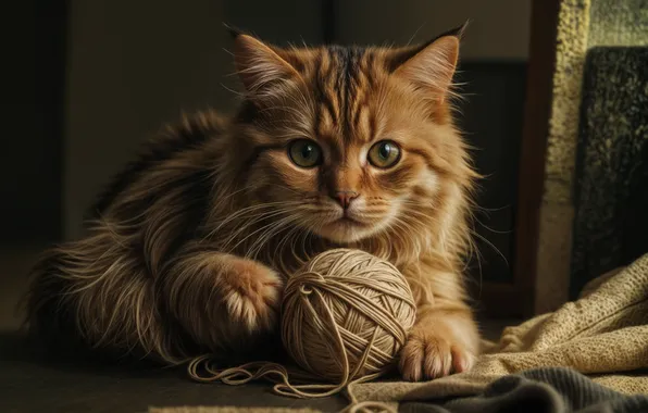 Кошка, кот, взгляд, клубок, поза, лапки, нитки, мордашка