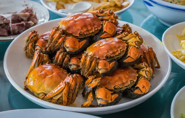 Стол, тарелка, мясо, крабы, морепродукты