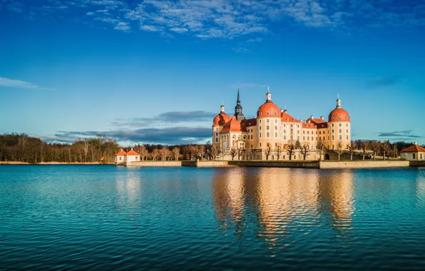 Картинка озеро, отражение, замок, Германия, Germany, Саксония, Морицбург, Saxony