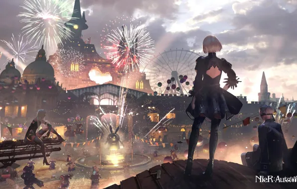 Город, вечер, фейерверк, Nier, салюты, NieR: Automata