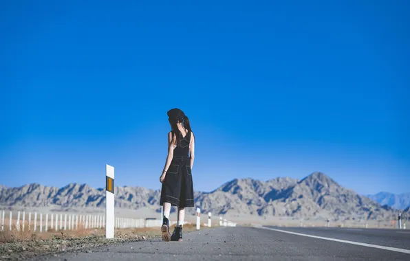 Beautiful, Asian, Model, Denim, Woman, Back, Road, Jeans