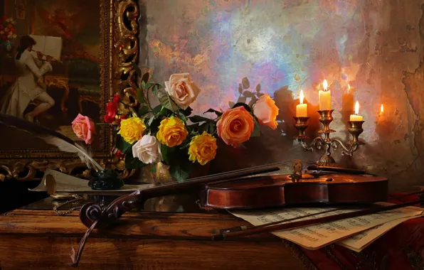 Цветы, ноты, перо, скрипка, розы, картина, свечи, ваза