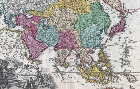 Картинка old maps, geography, 18th century map of Asia, Johann Christoph Homann, Карта Азии 18 века, …