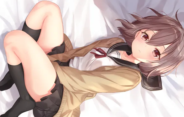 Картинка взгляд, девушка, аниме, лежит