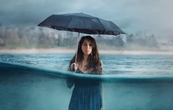 Картинка вода, девушка, дождь, ситуация, зонт