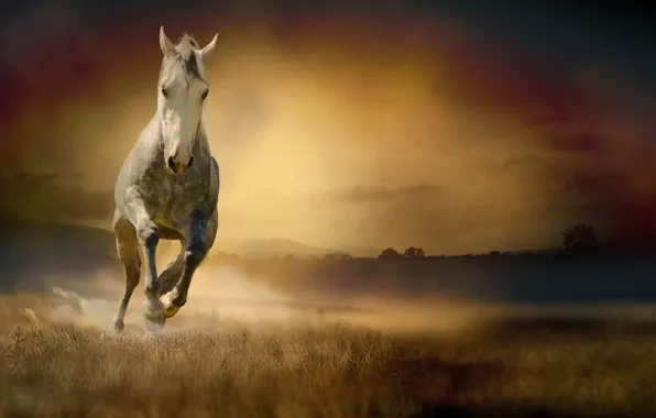 Картинка поле, трава, конь, лошадь, бег, белая