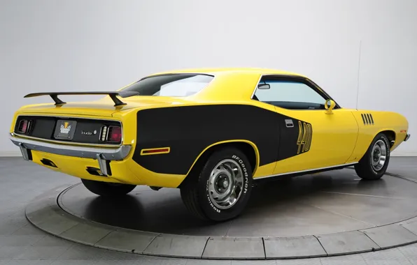 Картинка желтый, фон, 1971, вид сзади, Plymouth, Muscle car, Cuda, Мускул кар