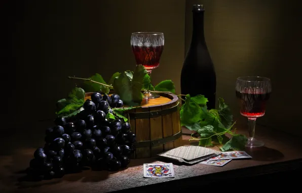 Карты, стиль, вино, бутылка, бокалы, виноград, гроздь, натюрморт