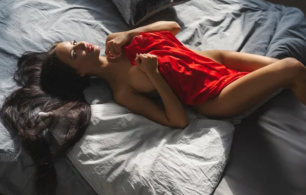 Картинка девушка, long hair, model, women, brunette, red dress, hips, in bed