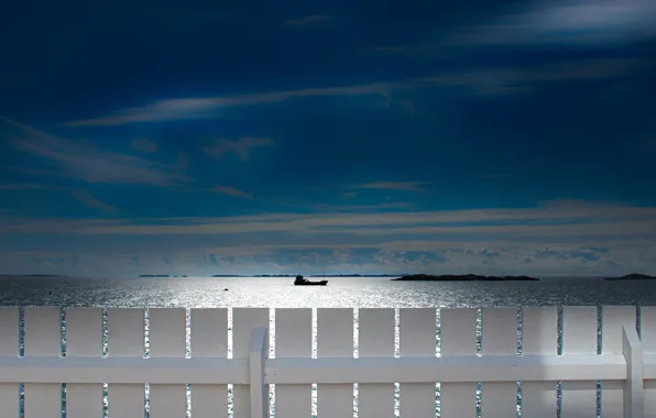 Картинка море, небо, забор, корабль, Норвегия, Северное море