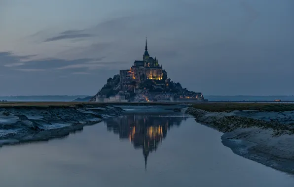 Картинка небо, замок, Франция, вечер, Le Mont Saint-Michel