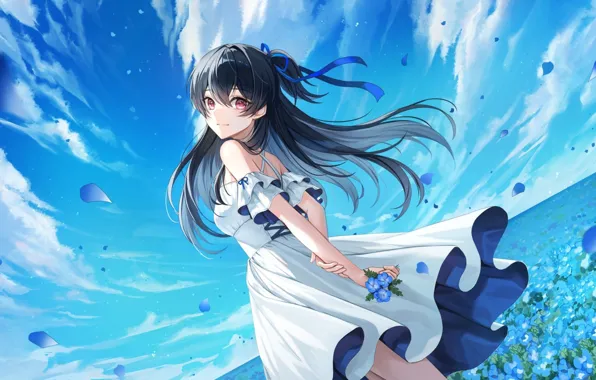 Цветы, улыбка, красота, позитив, аниме, брюнетка, smile, anime