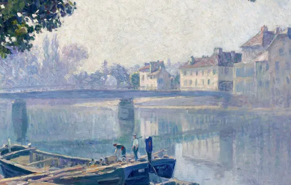 Картинка пейзаж, мост, город, река, люди, лодка, картина, Анри Лебаск