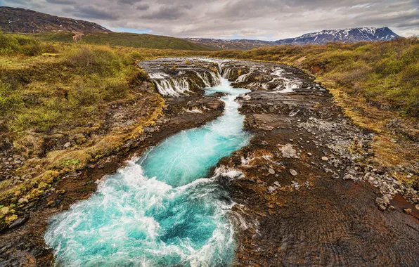 Картинка трава, горы, река, поток, Исландия