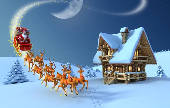 Картинка снег, луна, елка, новый год, рождество, подарки, moon, christmas