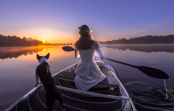 Картинка девушка, закат, река, лодка, собака, вечер, весло