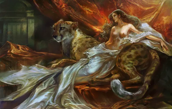 Девушка, арт, fantasy, Panthera pardus, Rongrong Wang, геперд