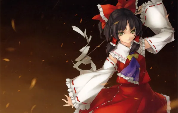 Ветер, магия, танец, бант, жрица, touhou, art, зеленые глаза