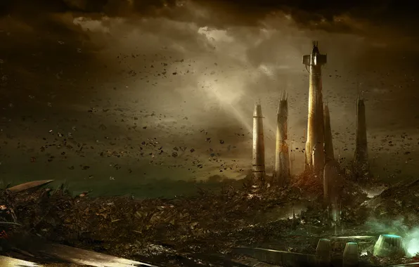 Картинка взрыв, тучи, город, камни, планета, катастрофа, башни, Force Unleached