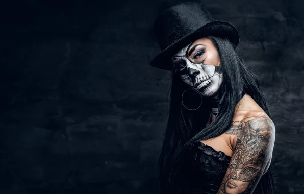Skull, pose, female, makeup, black hat, day of the dead