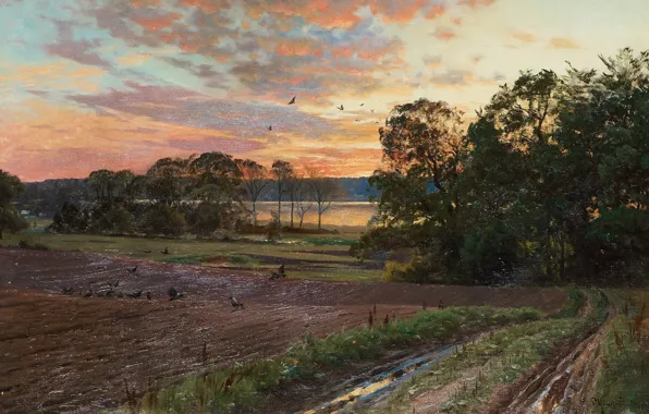 Картинка 1893, датский живописец, Петер Мёрк Мёнстед, Peder Mørk Mønsted, Danish realist painter, Landscape with setting …