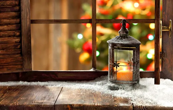 Картинка снег, праздник, елка, окно, фонарь