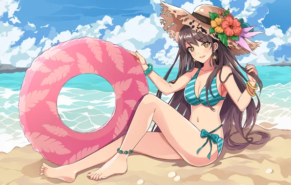Картинка girl, sexy, beach, long hair, sea, boobs, anime, beautiful