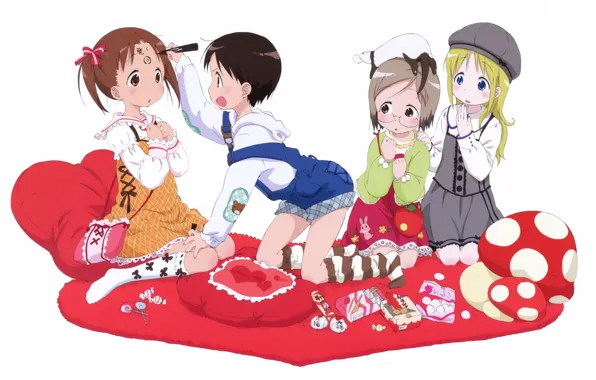 Удивление, подушки, очки, белый фон, сумка, art, подруги, ichigo mashimaro
