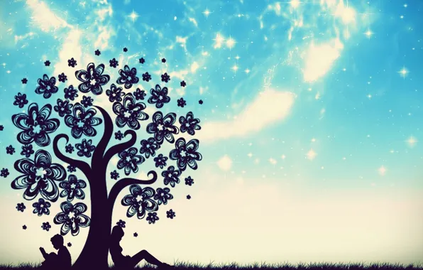 Картинка небо, трава, звезды, дерево, мальчик, девочка, книга, цветочки