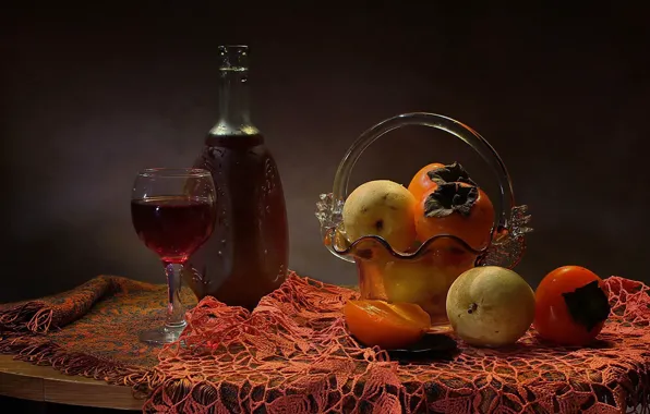 Вино, яблоки, бокал, фрукты, натюрморт, Still life, графин, хурма