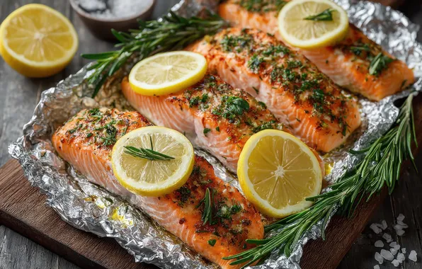 Зелень, стол, рыба, кусочки, лимоны, дольки, фольга, блюдо