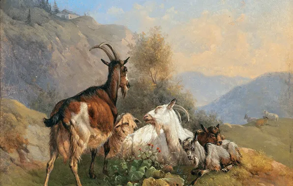 Горы, Картина, Козы, Австрийский художник, Friedrich August Matthias Gauermann, Фридрих Август Маттиас Гауэрман, Friedrich Gauermann, …