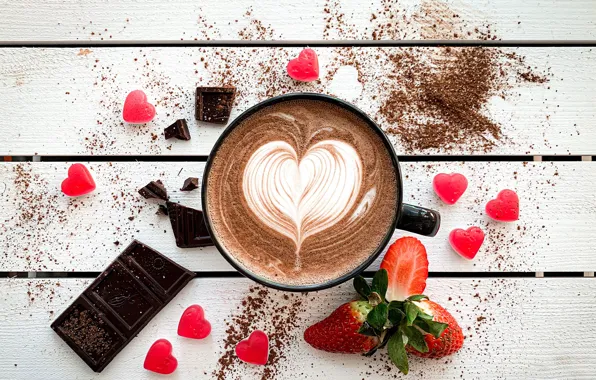 Кофе, шоколад, клубника, чашка, капучино, chocolate, strawberry, coffee