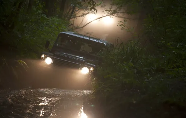 Картинка фон, фары, джип, Land Rover, Defender, Ленд Ровер, Дефендер, лес.грязь