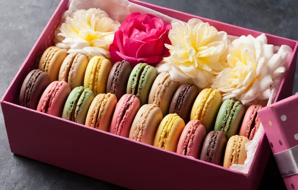 Цветы, подарок, colorful, wood, pink, flowers, macarons, gift box