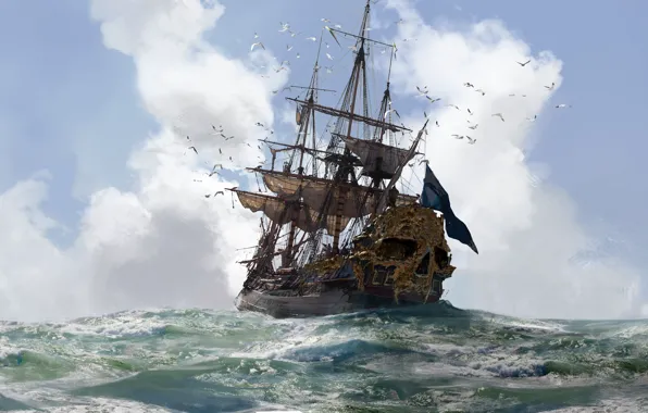 Картинка skull, game, gold, sky, sea, pirate, cloud, pirate ship