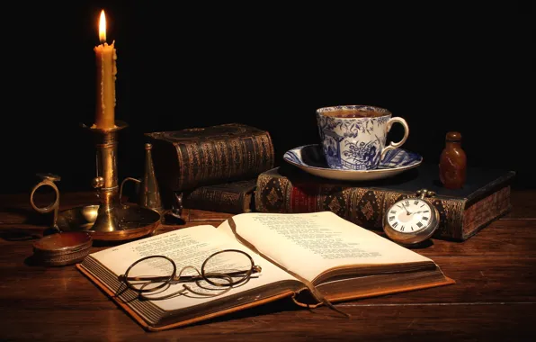 Картинка чай, часы, книги, свеча, очки, чашка, натюрморт