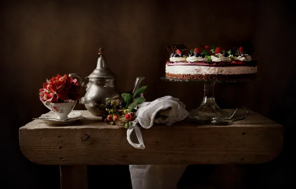 Картинка цветок, стиль, ягоды, чашка, торт, натюрморт