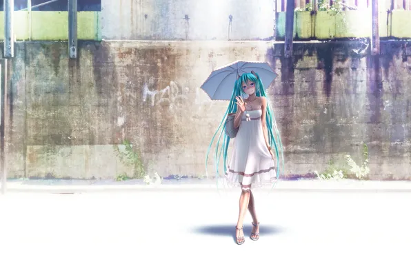 Картинка девушка, солнце, улица, зонт, арт, vocaloid, hatsune miku, takouji