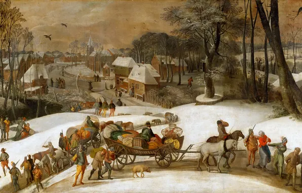 Картинка деревья, пейзаж, люди, дома, картина, холст, Gillis Mostaert, Military expedition in winter