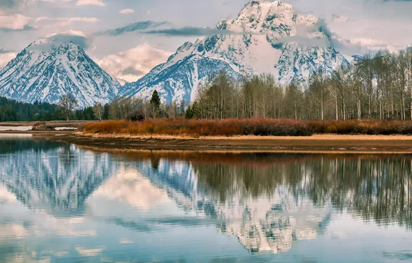 Картинка зима, лес, снег, горы, природа, озеро, отражение