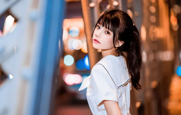 Beautiful, Asian, Model, Bridge, Smile, Night, Woman, Back