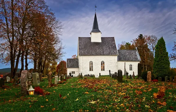 Grass, autumn, cemetery, lamp, foliage, church, graveyard, graves