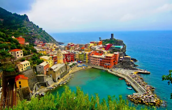 Море, город, фото, побережье, дома, Италия, сверху, Cinque Terre