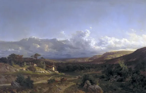 Картинка дорога, деревья, горы, дом, долина, Карлос де Хаэс, Пейзаж в Дофинэ