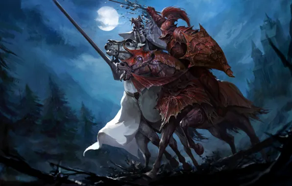 Картинка moon, fantasy, forest, armor, trees, night, horses, battle