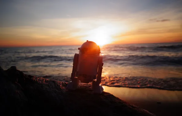 Море, небо, рассвет, робот, star wars, R2-D2