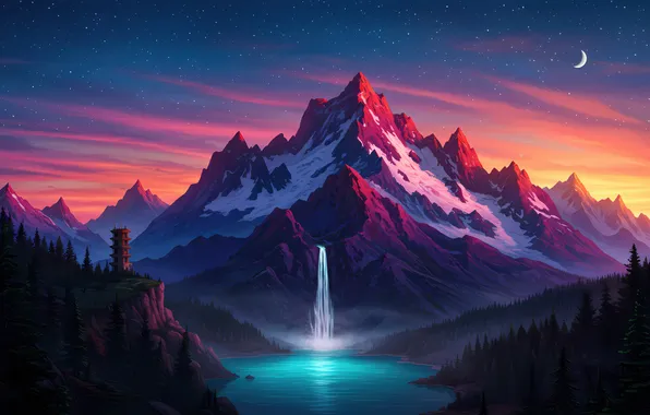 Закат, горы, озеро, водопад, sunset, mountains, lake, waterfall